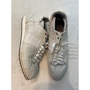 FENDI Zucca Monogram Coated Canvas Logo Low Top Sneaker Size 7.5 White